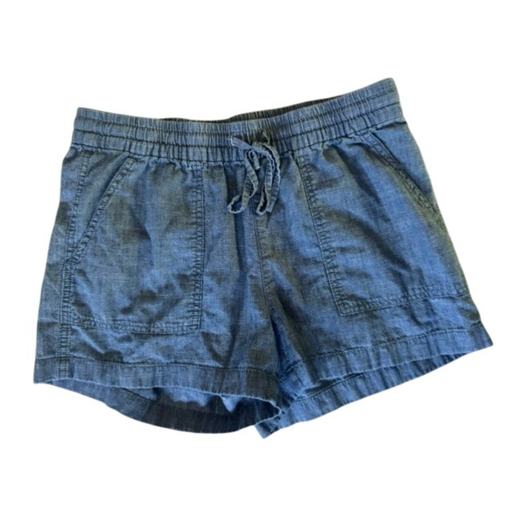 J.Crew Re-Imagined XS Blue Chambray Cotton Drawstring Shorts Elastic Waist Patch